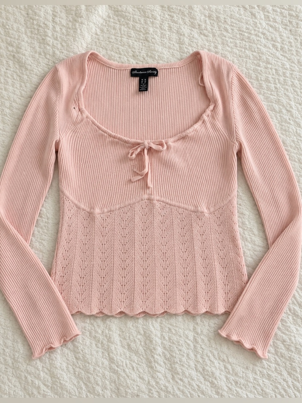 Streetwear Society Pink Ribbed Lace-Up Long Sleeve Top M